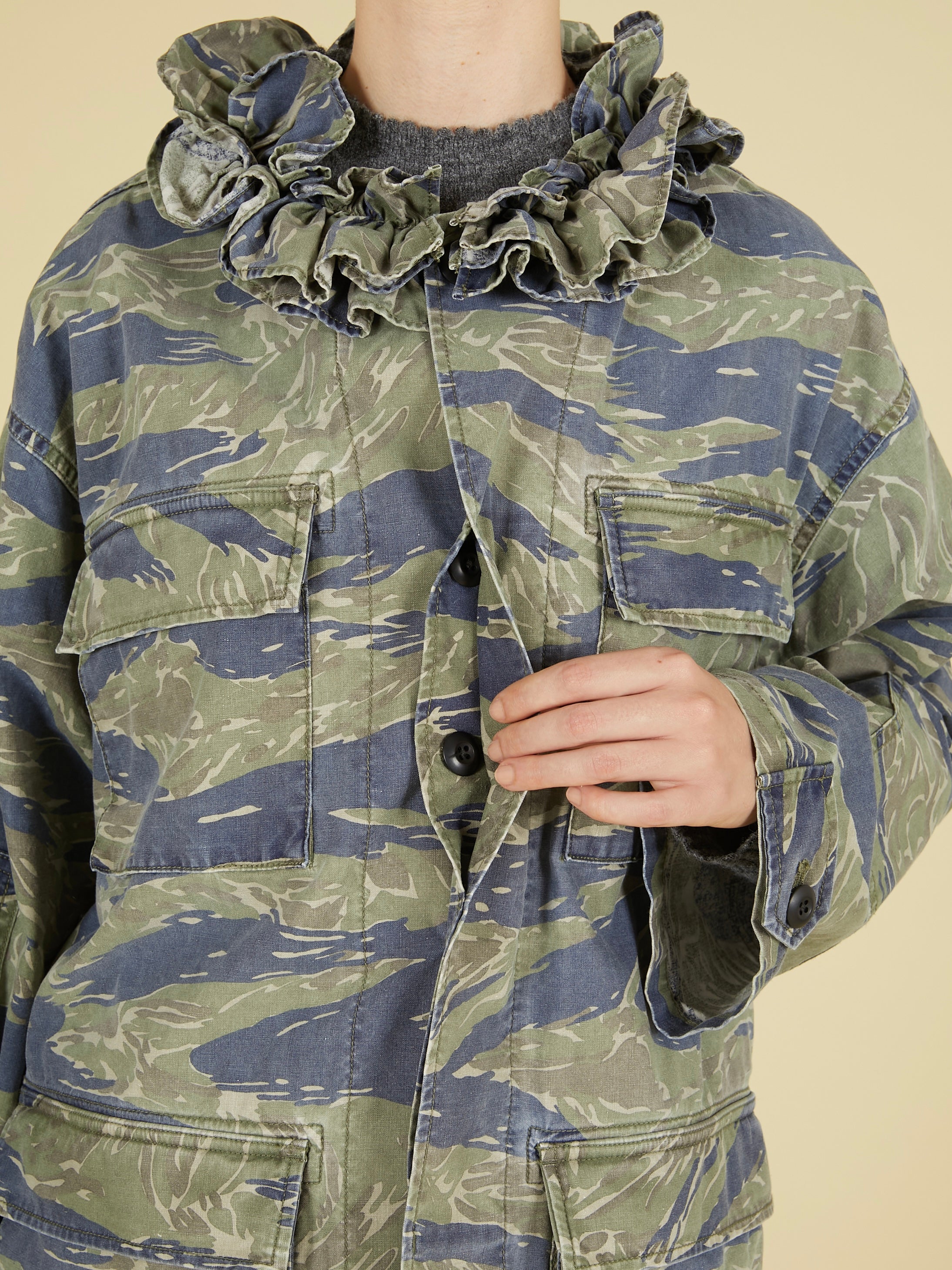 frill collar camo jacket｜NAVY