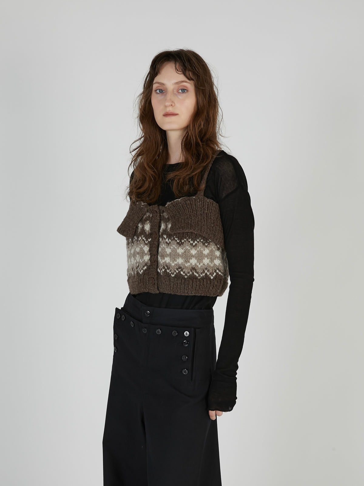 fair isle fringe hand knit bustier｜BROWN