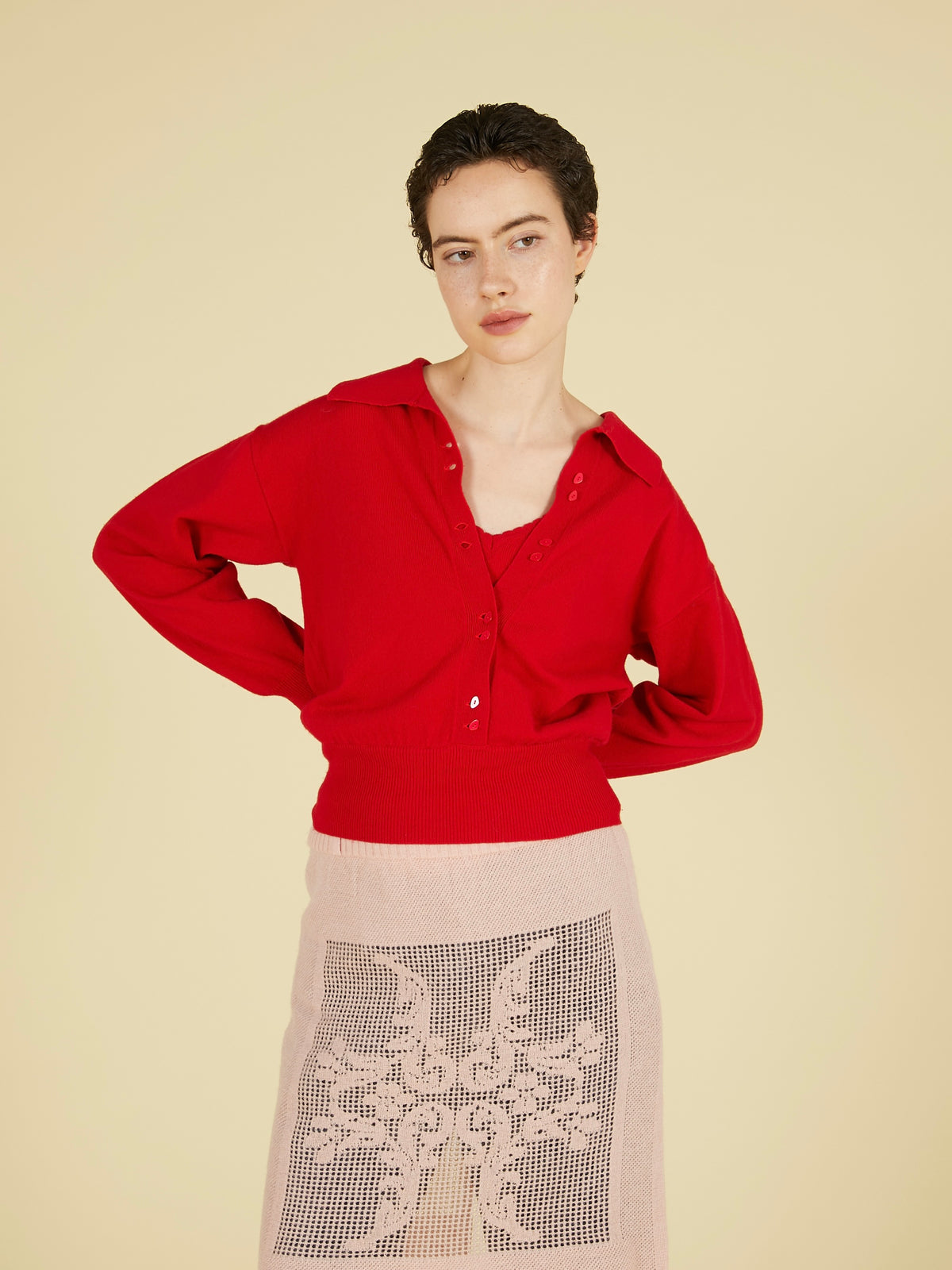slow off knit top｜RED