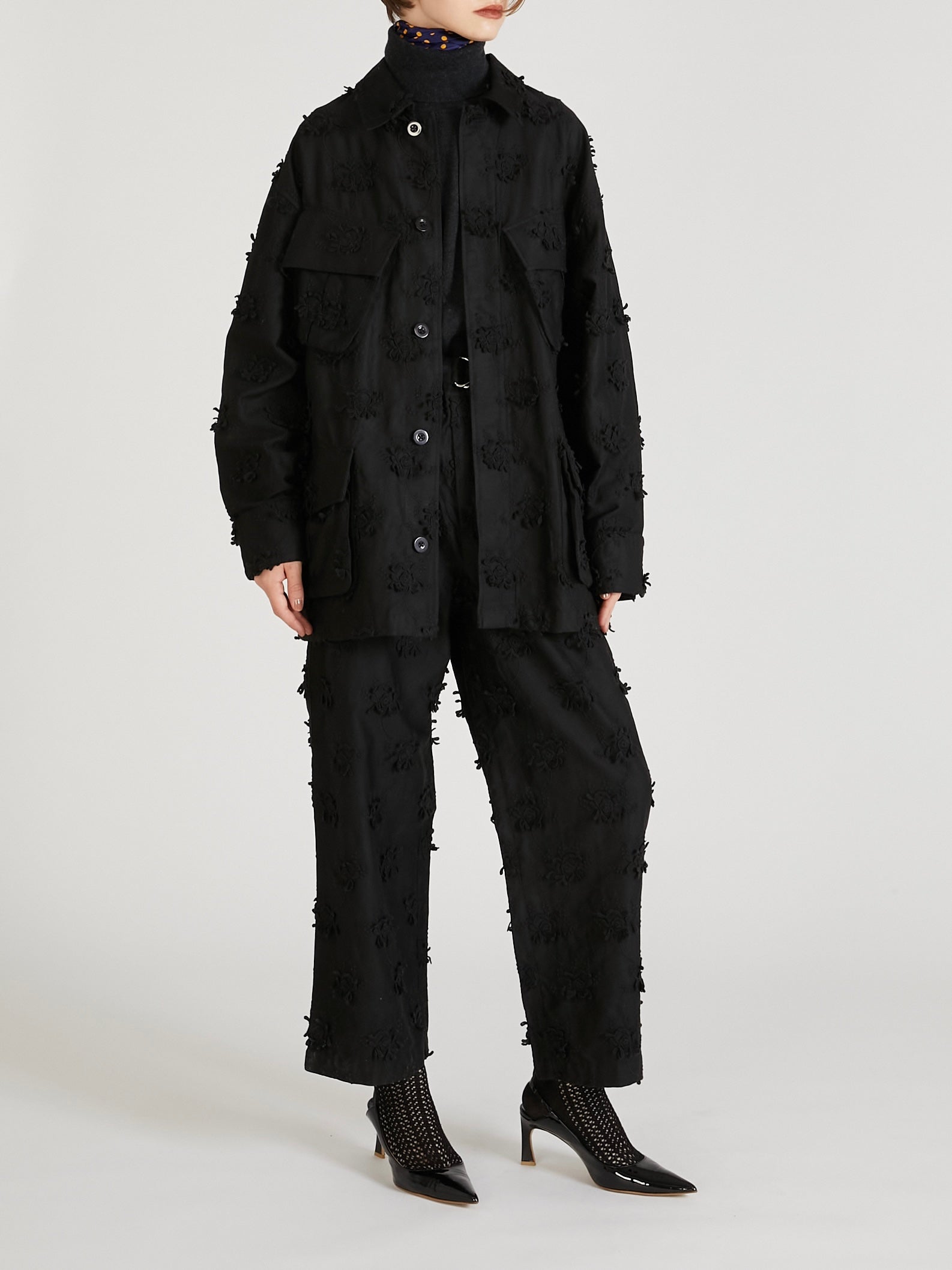 3D embroidery military shirt｜BLACK
