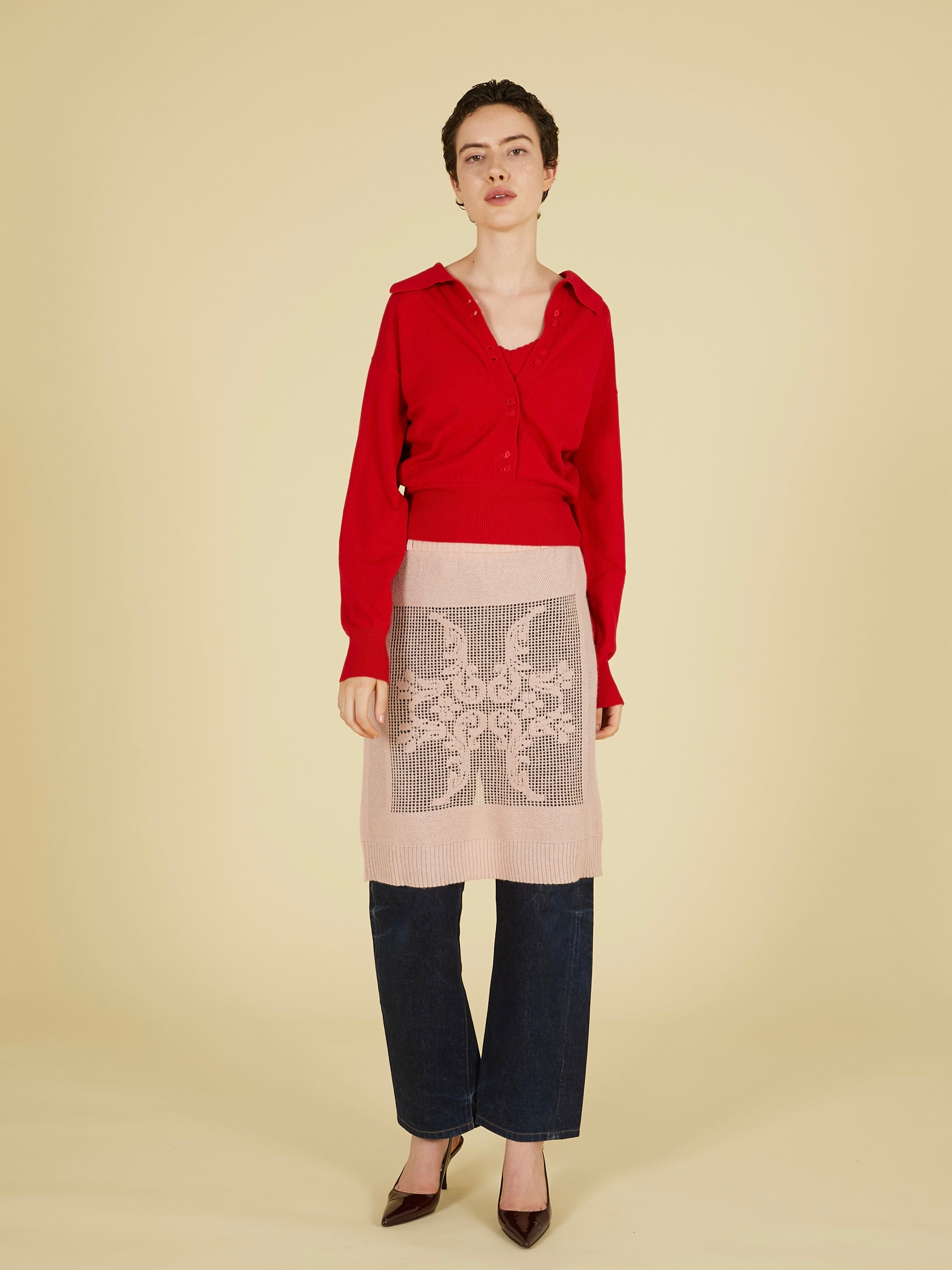 slow off knit top｜RED