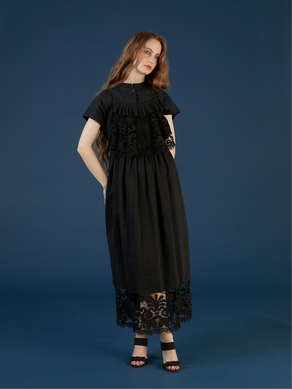 新品 crinkle linen cotton camidress linen cotton motif lace cami dress | BLACK