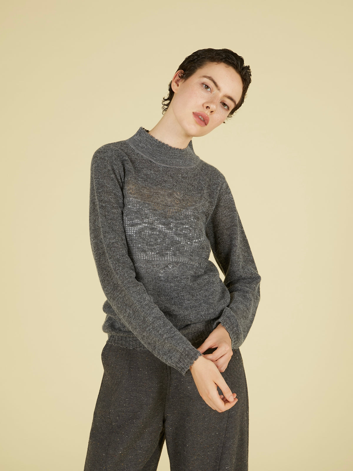 point tail turtle knit top｜GRAY