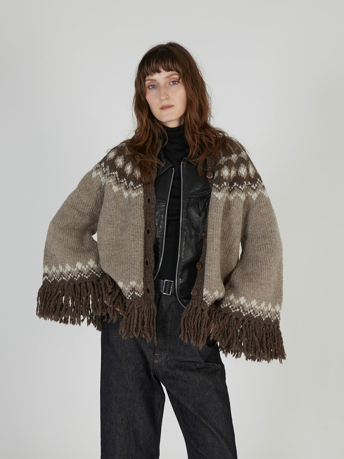 fair isle fringe hand knit cardigan｜BROWN