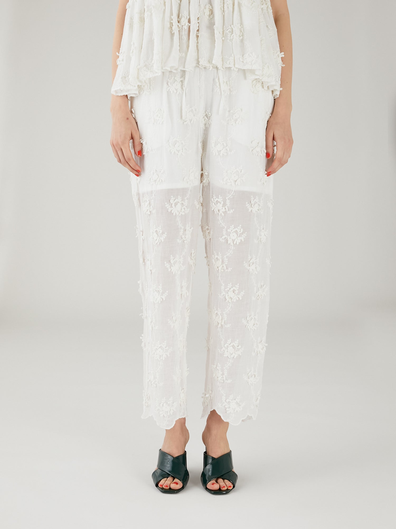 sheer cotton 3D embroidery easy pants | WHITE