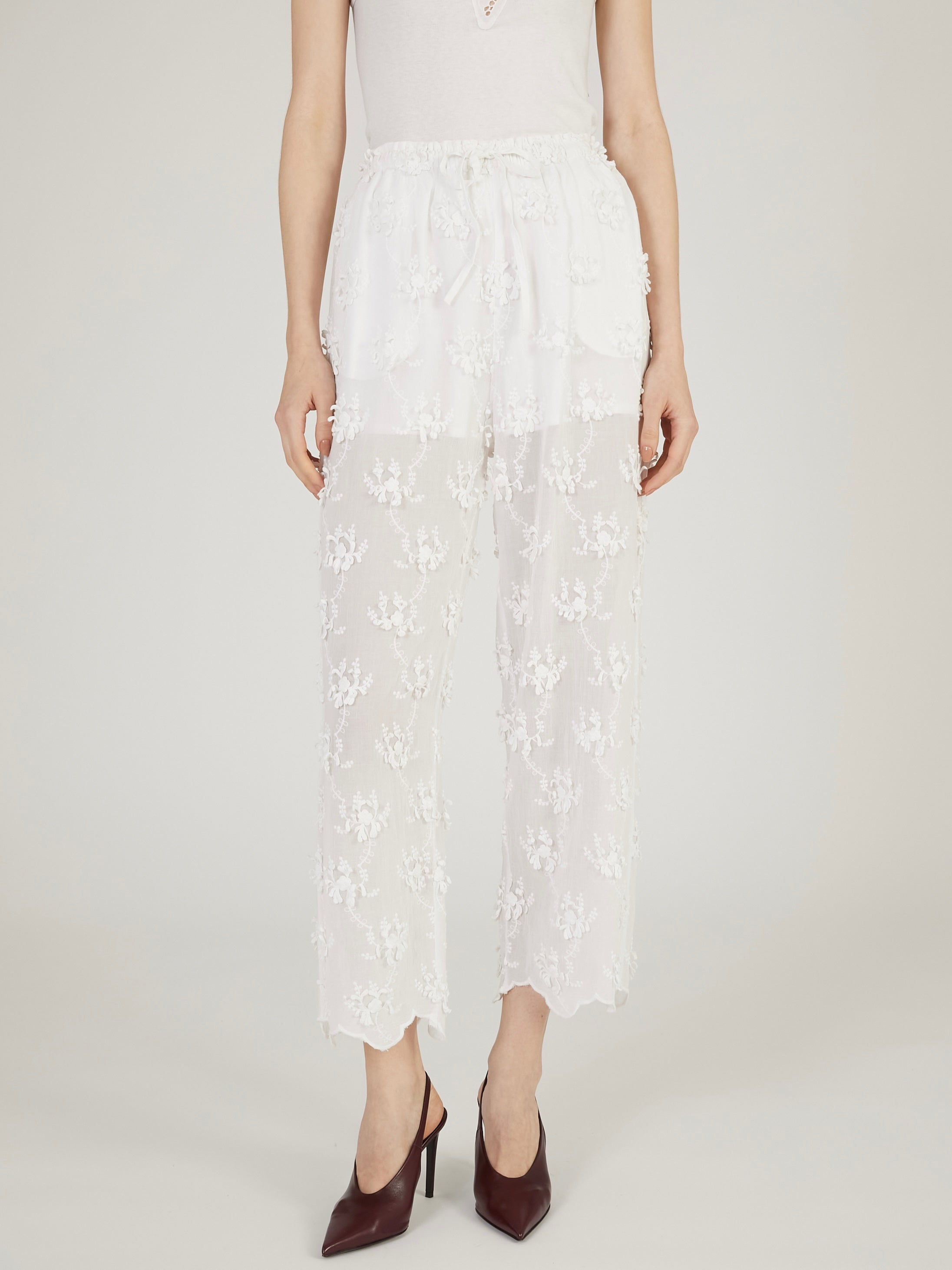 sheer cotton 3D embroidery easy pants｜WHITE