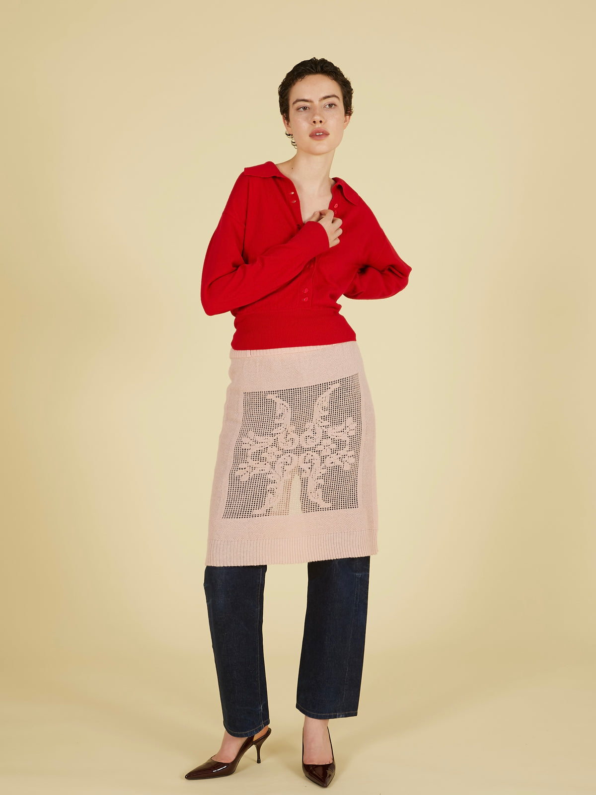 slow off knit top｜RED