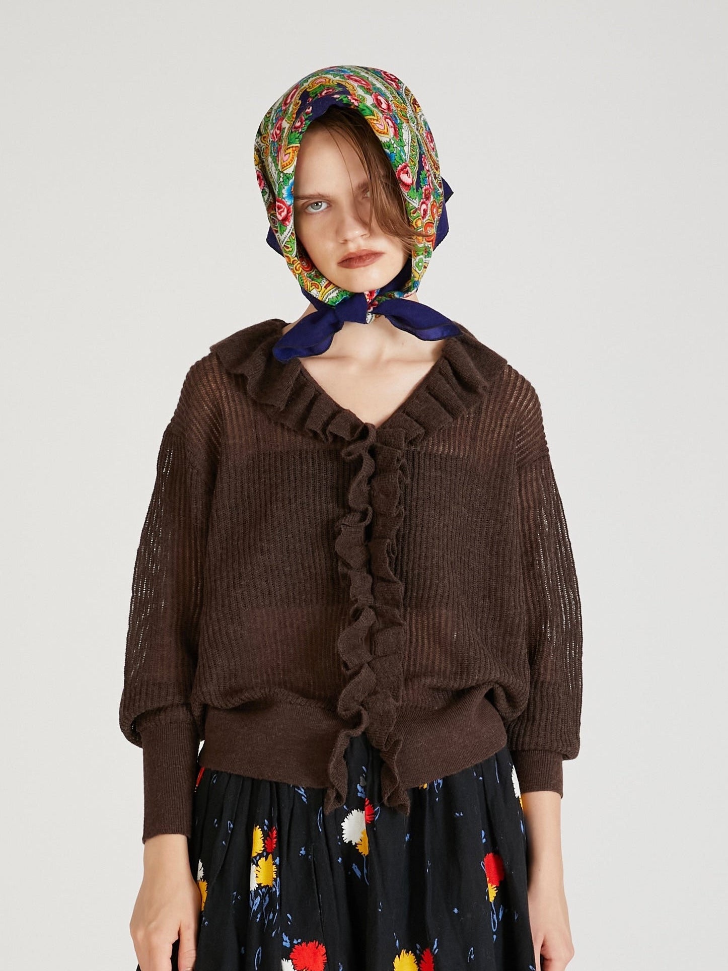 raffule frill cardigan｜BROWN