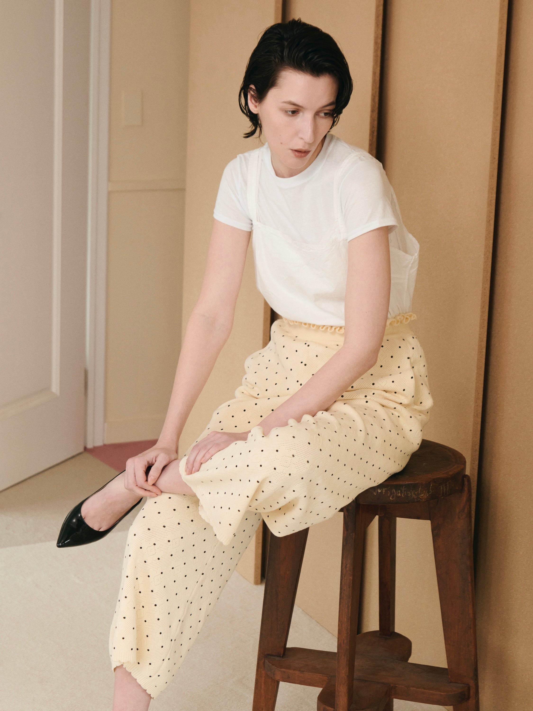 crinklecrinklecrinkle ドットパンツ flower Jacquard dot pants｜IVORY