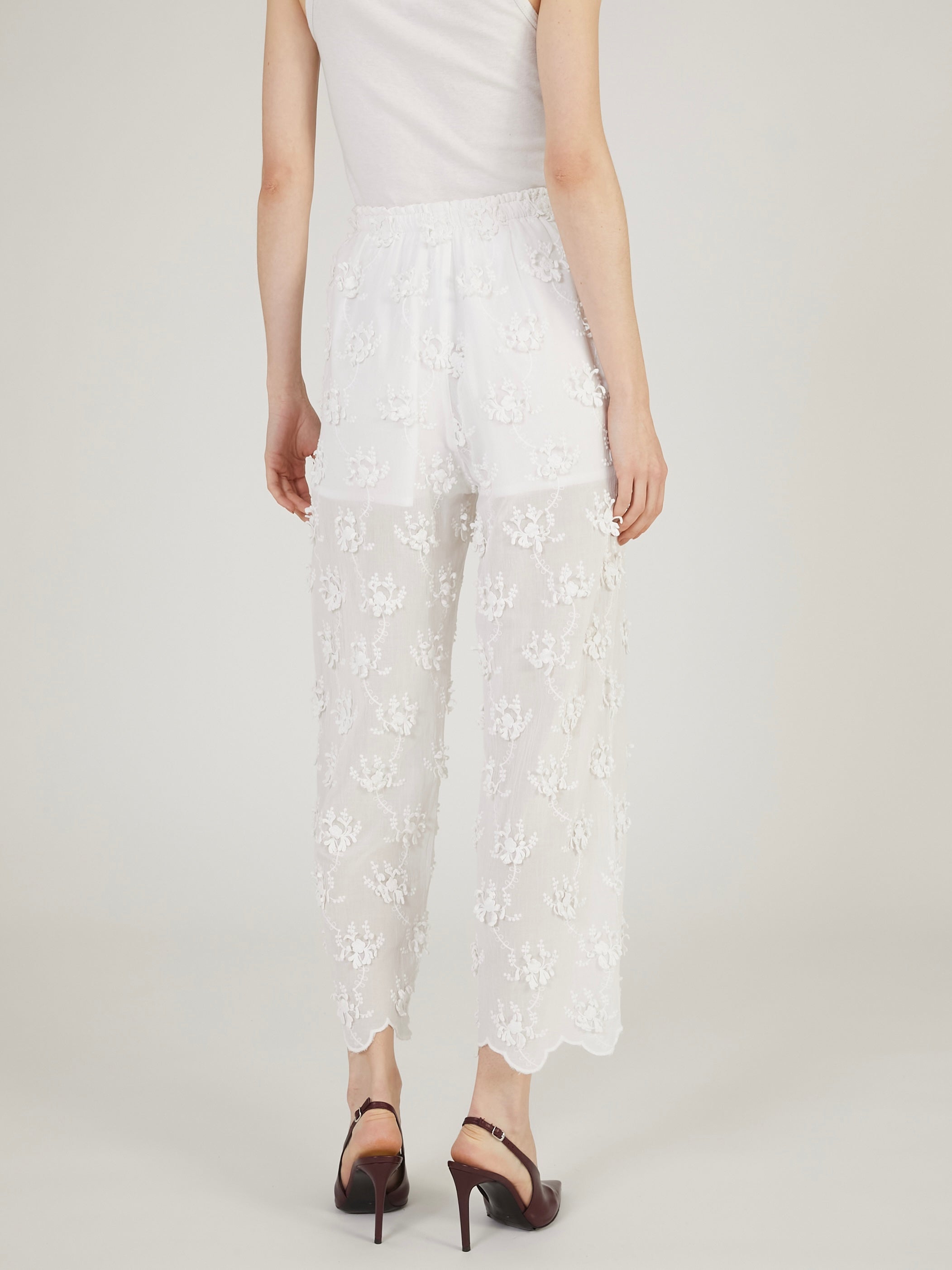 sheer cotton 3D embroidery easy pants｜WHITE