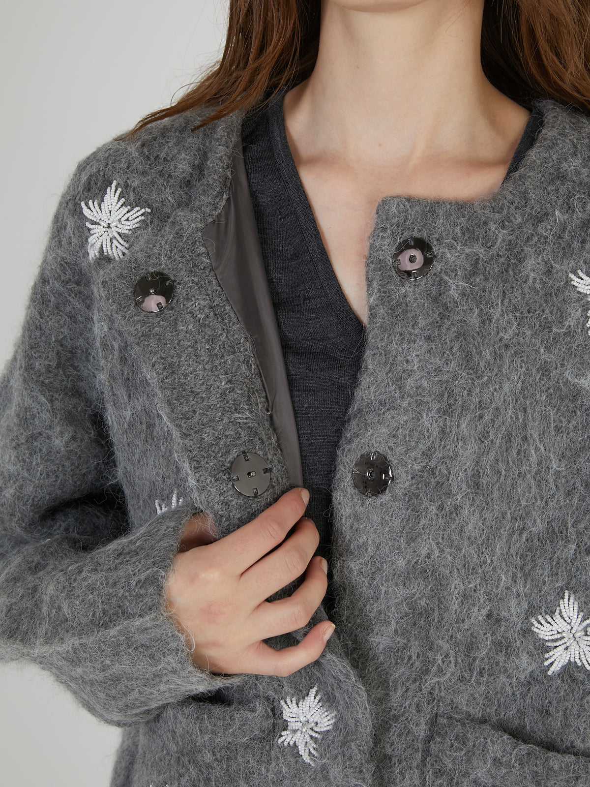 shaggy beads knit jacket｜BLACK