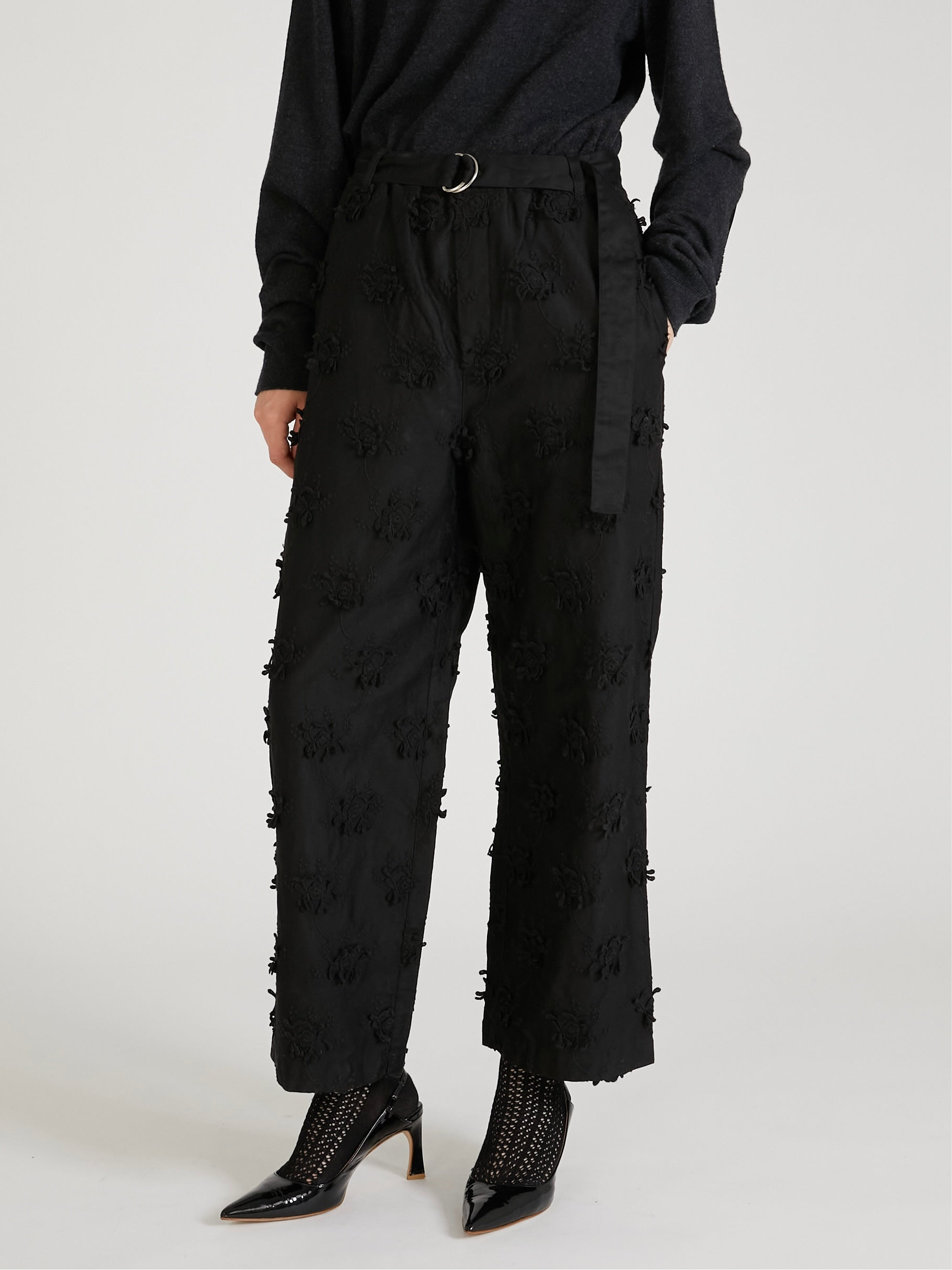 3D embroidery twill easy pants｜BLACK