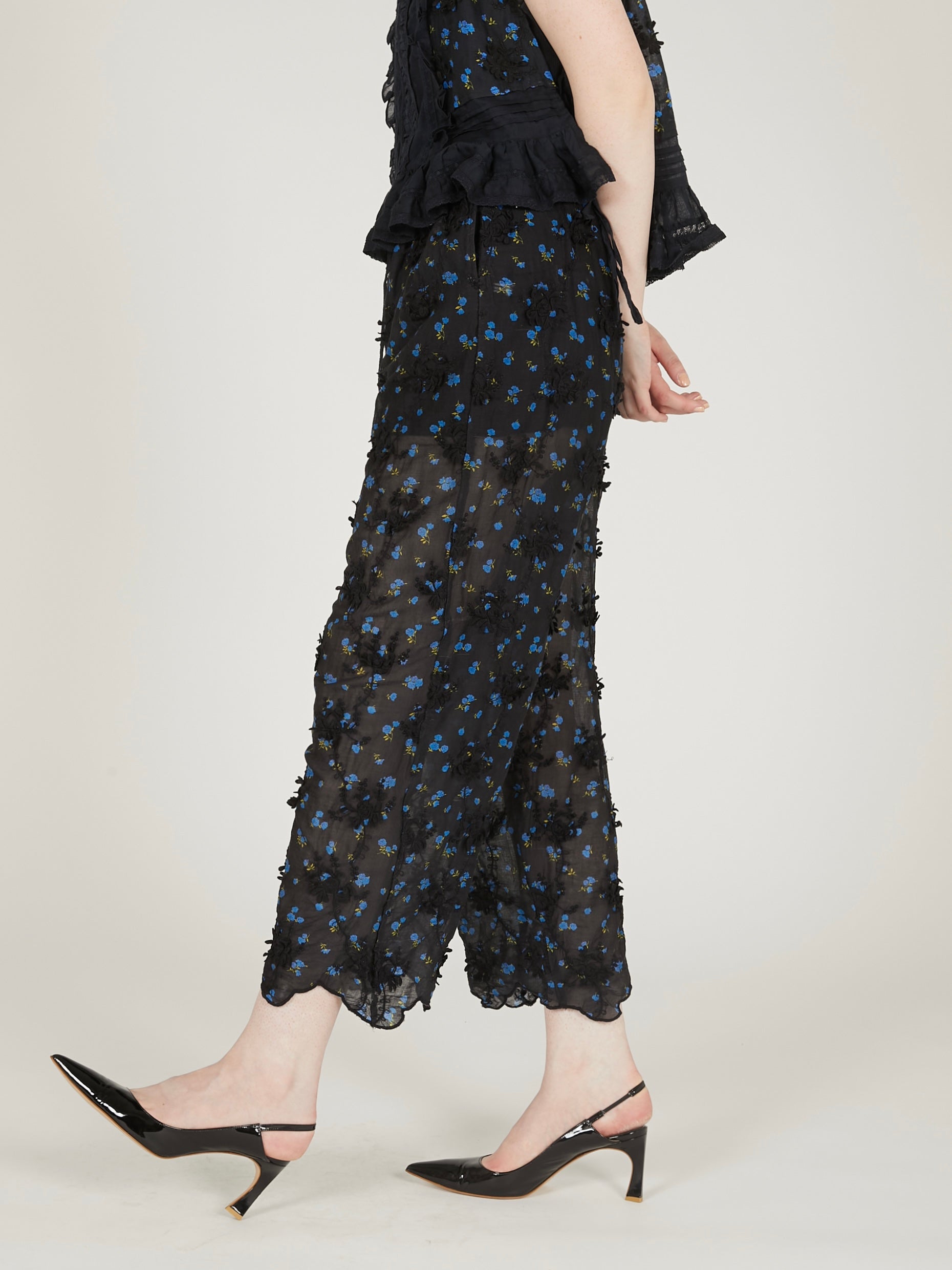 sheer flower easy pants｜BLACK