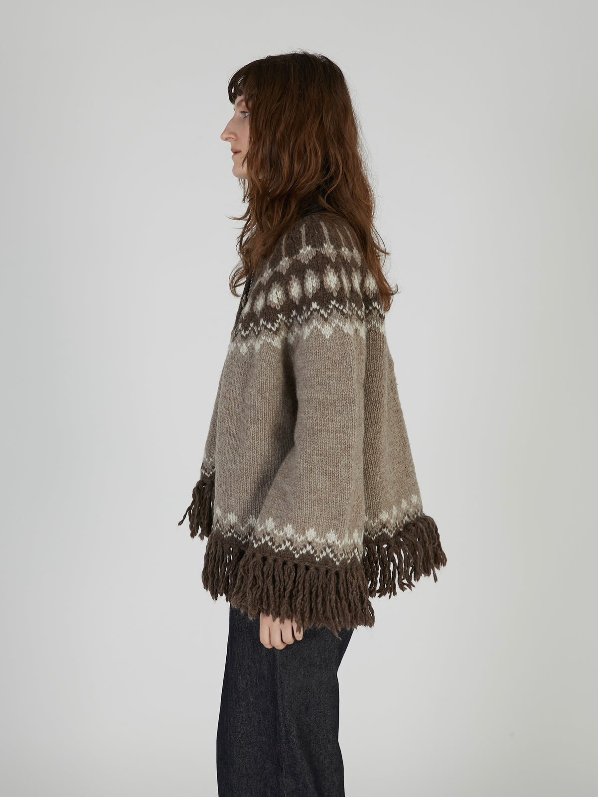 fair isle fringe hand knit cardigan｜BROWN