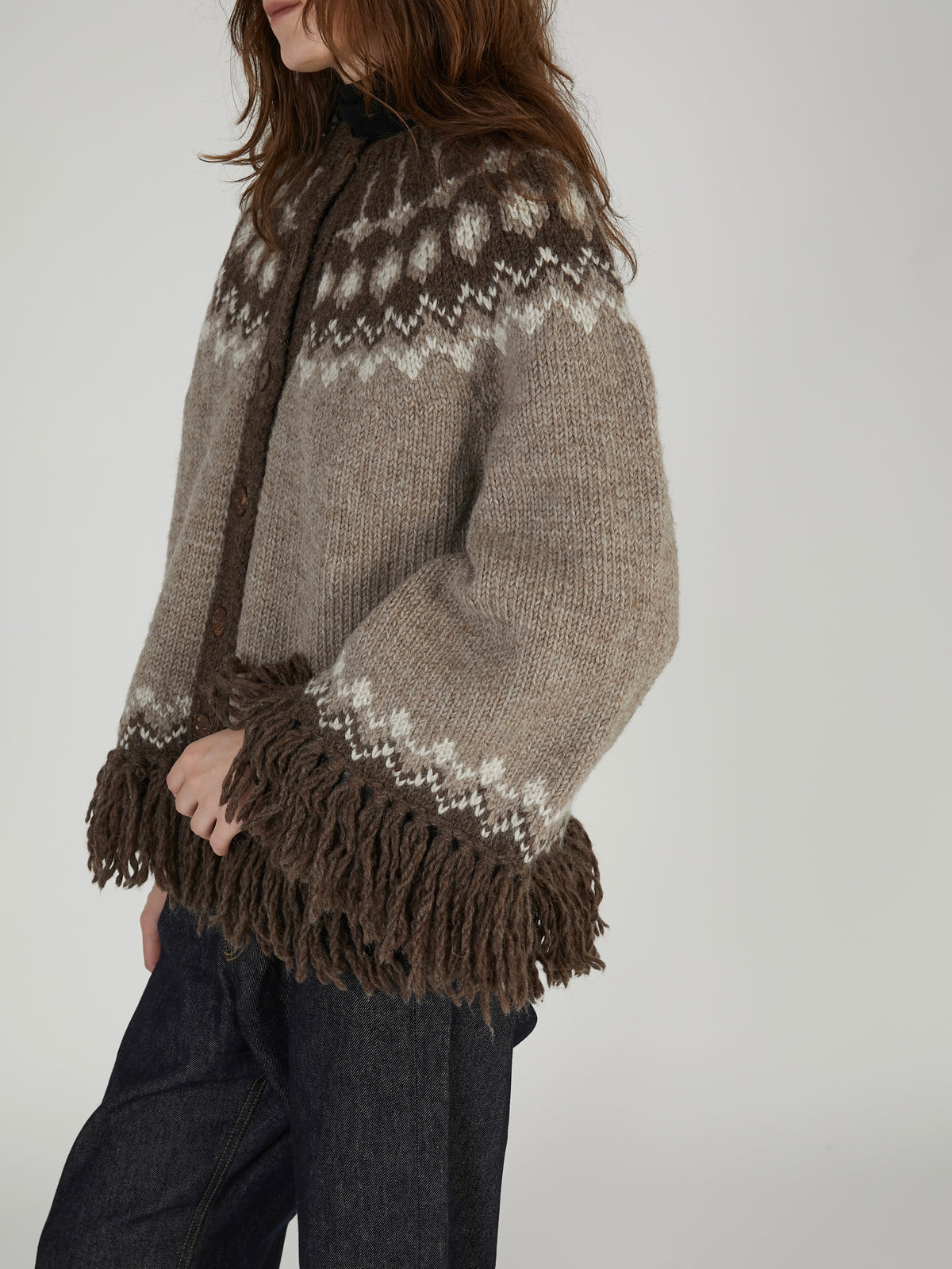 fair isle fringe hand knit cardigan｜BROWN