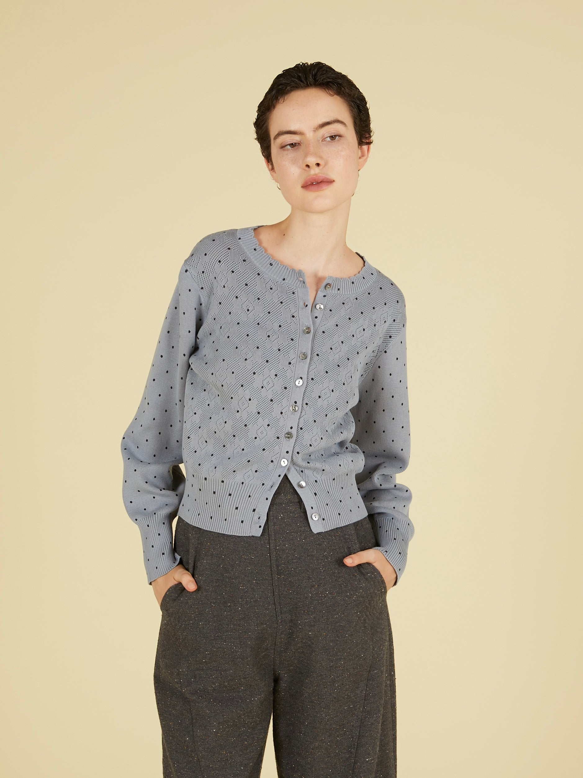 flower Jacquard dot cardigan｜GRAY