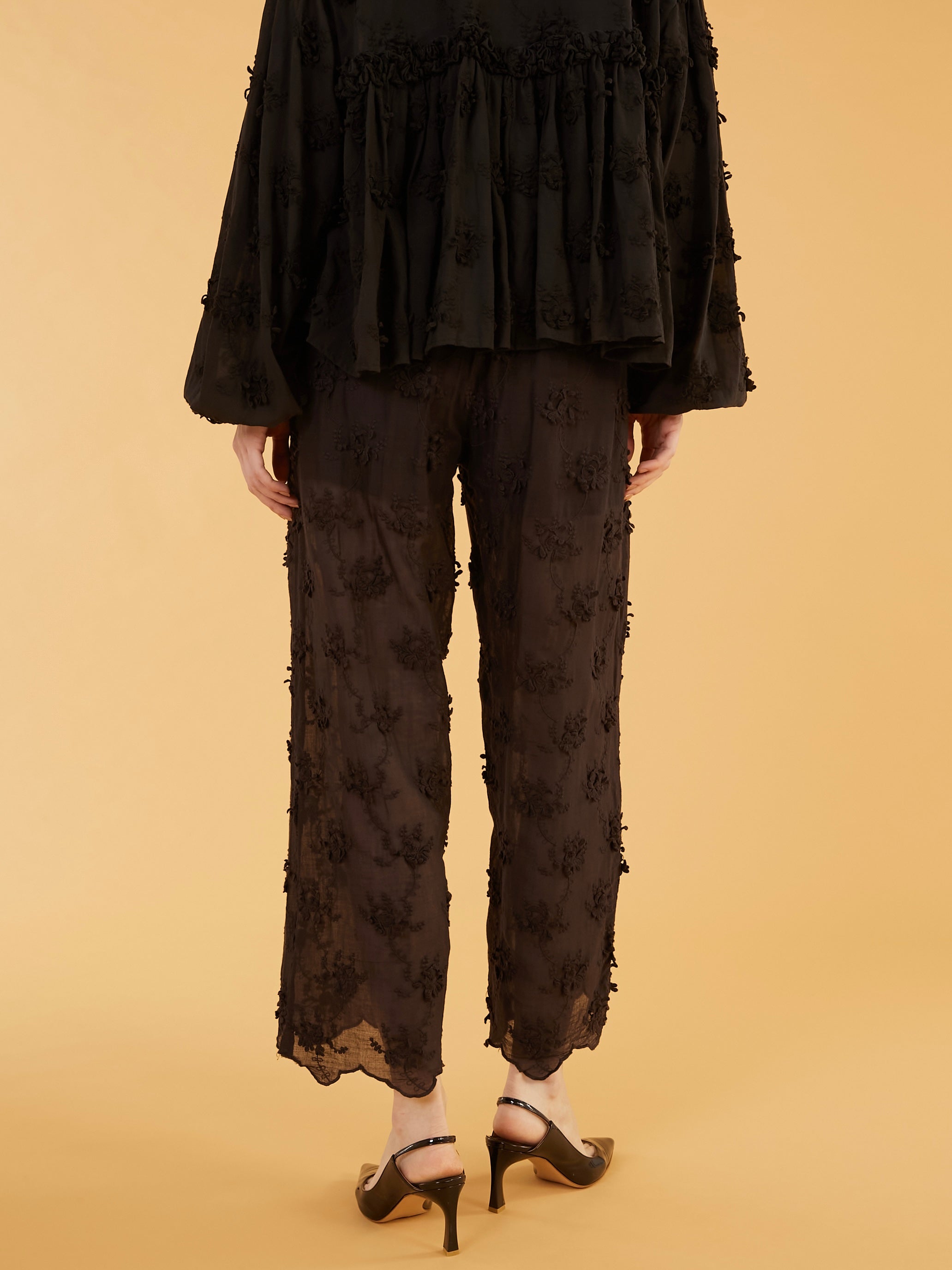 sheer cotton 3D embroidery easy pants｜BLACK