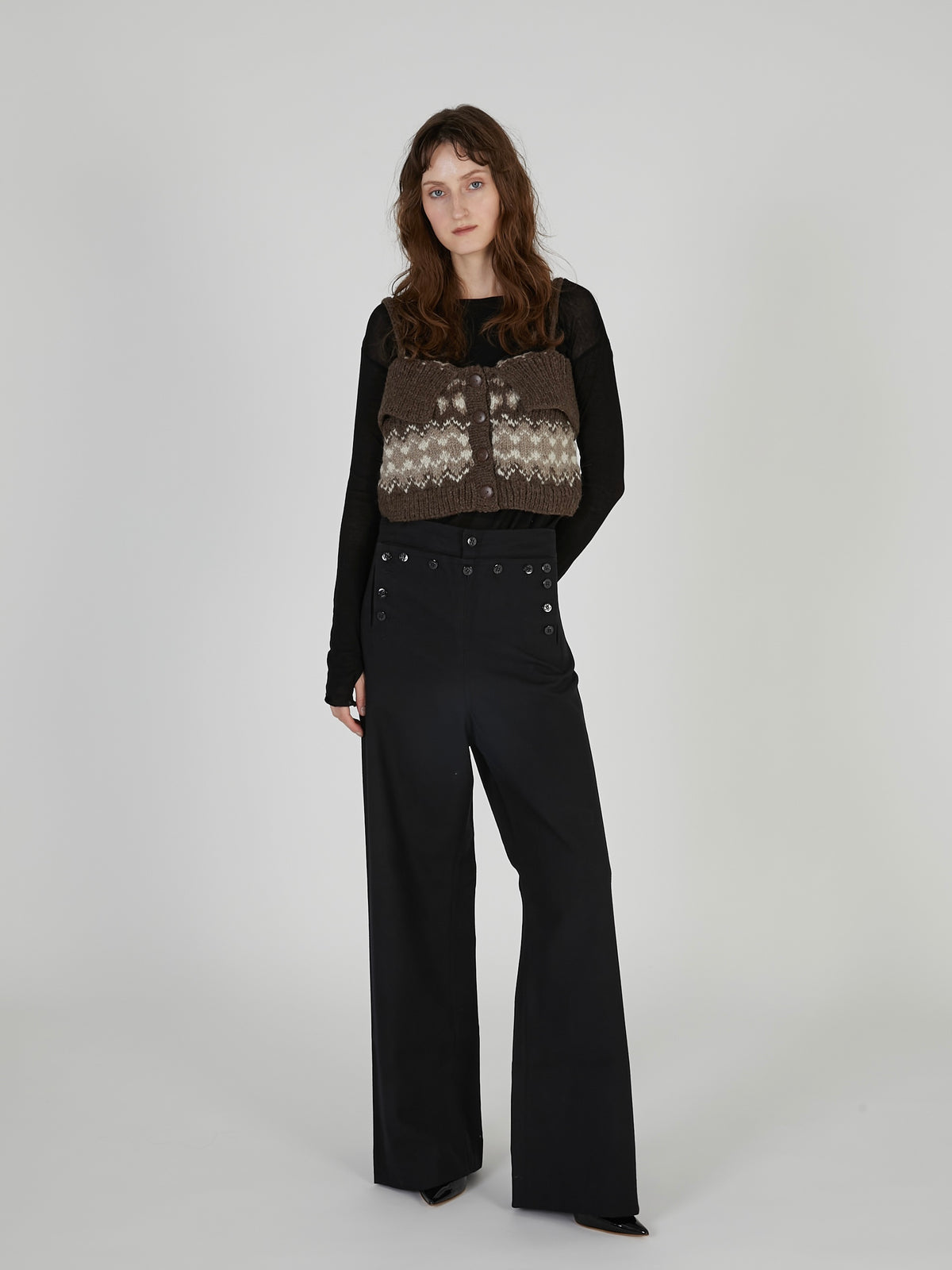 fair isle fringe hand knit bustier｜BROWN