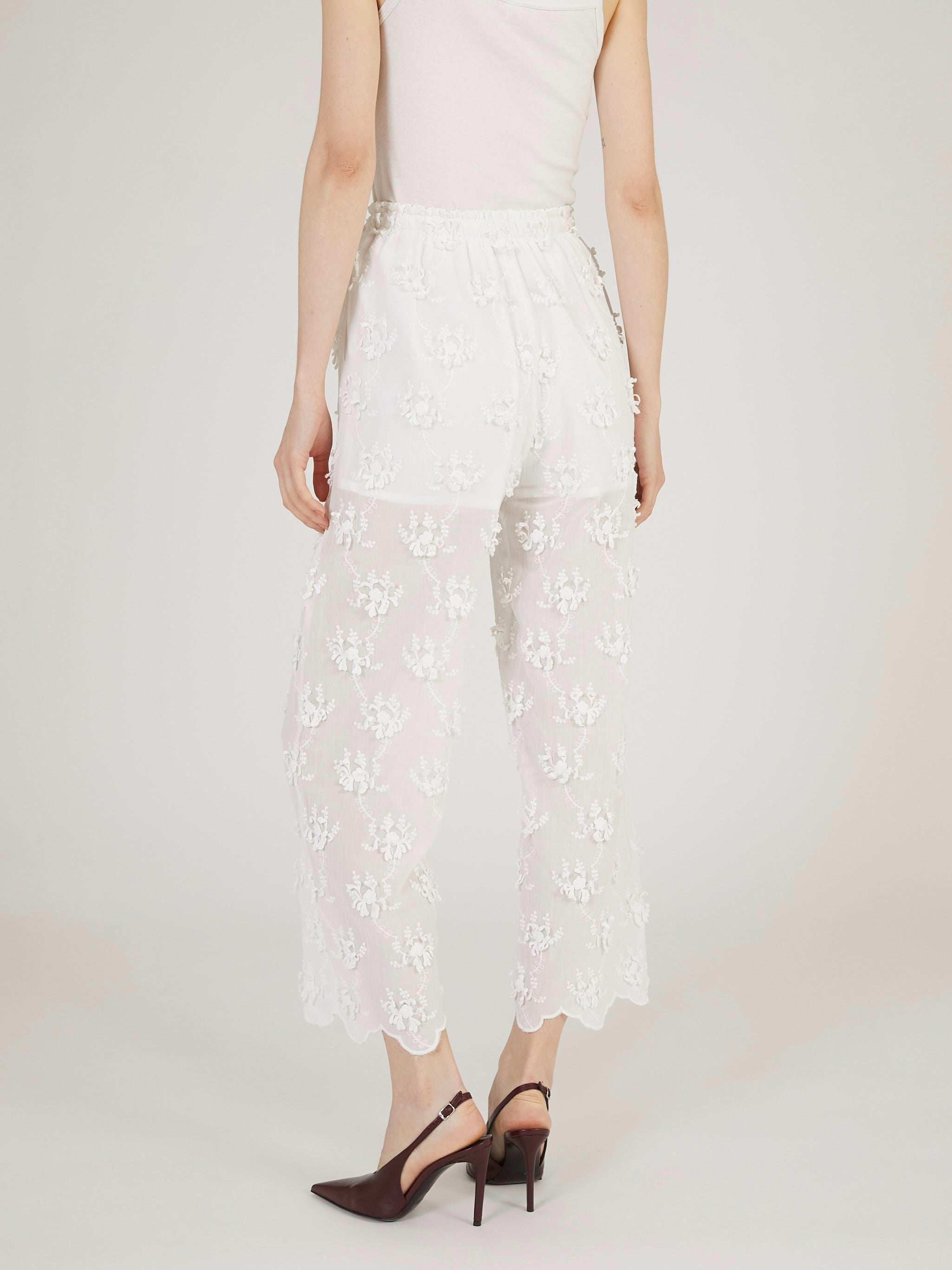 sheer cotton 3D embroidery easy pants｜WHITE