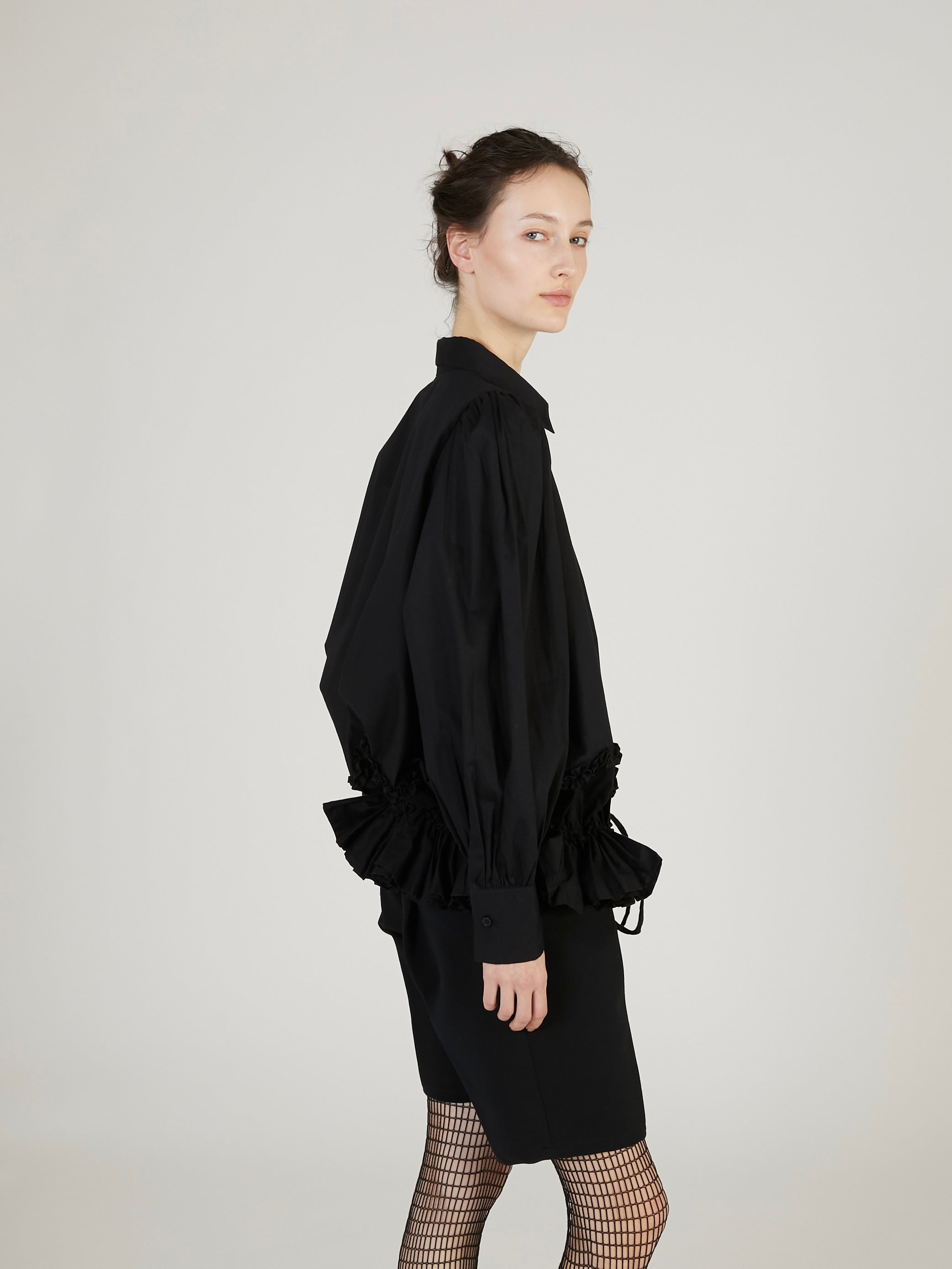 frill hem long sleeve shirts｜BLACK