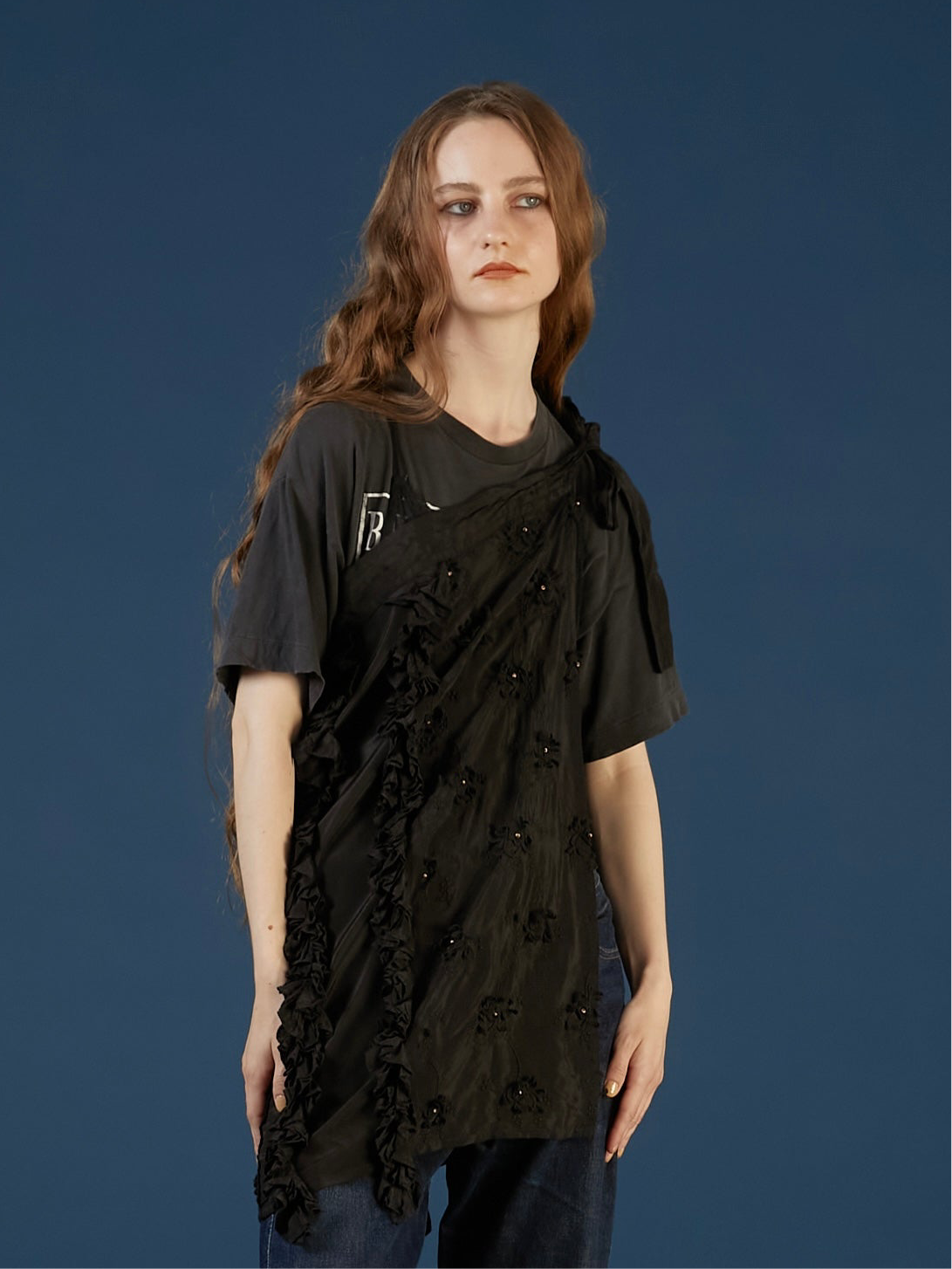 frill rayon shantung apron skirt | BLACK