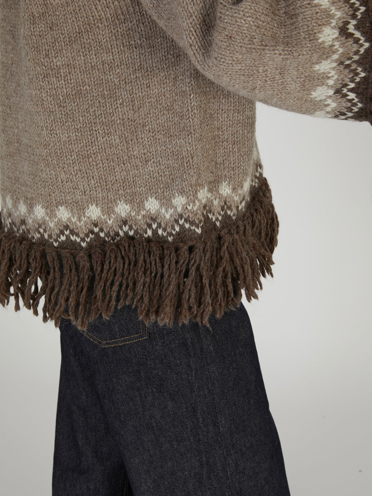 fair isle fringe hand knit cardigan｜BROWN