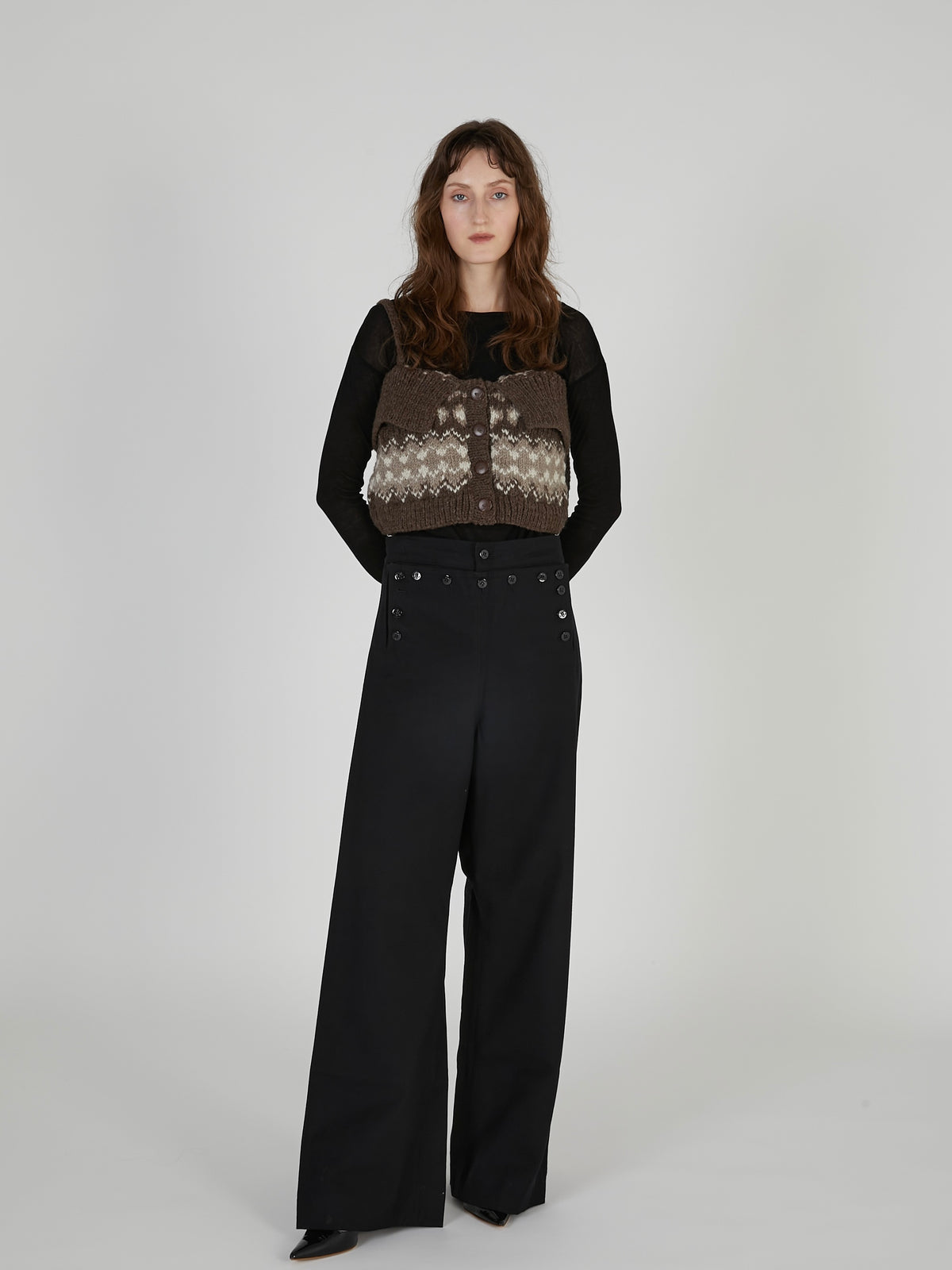 fair isle fringe hand knit bustier｜BROWN
