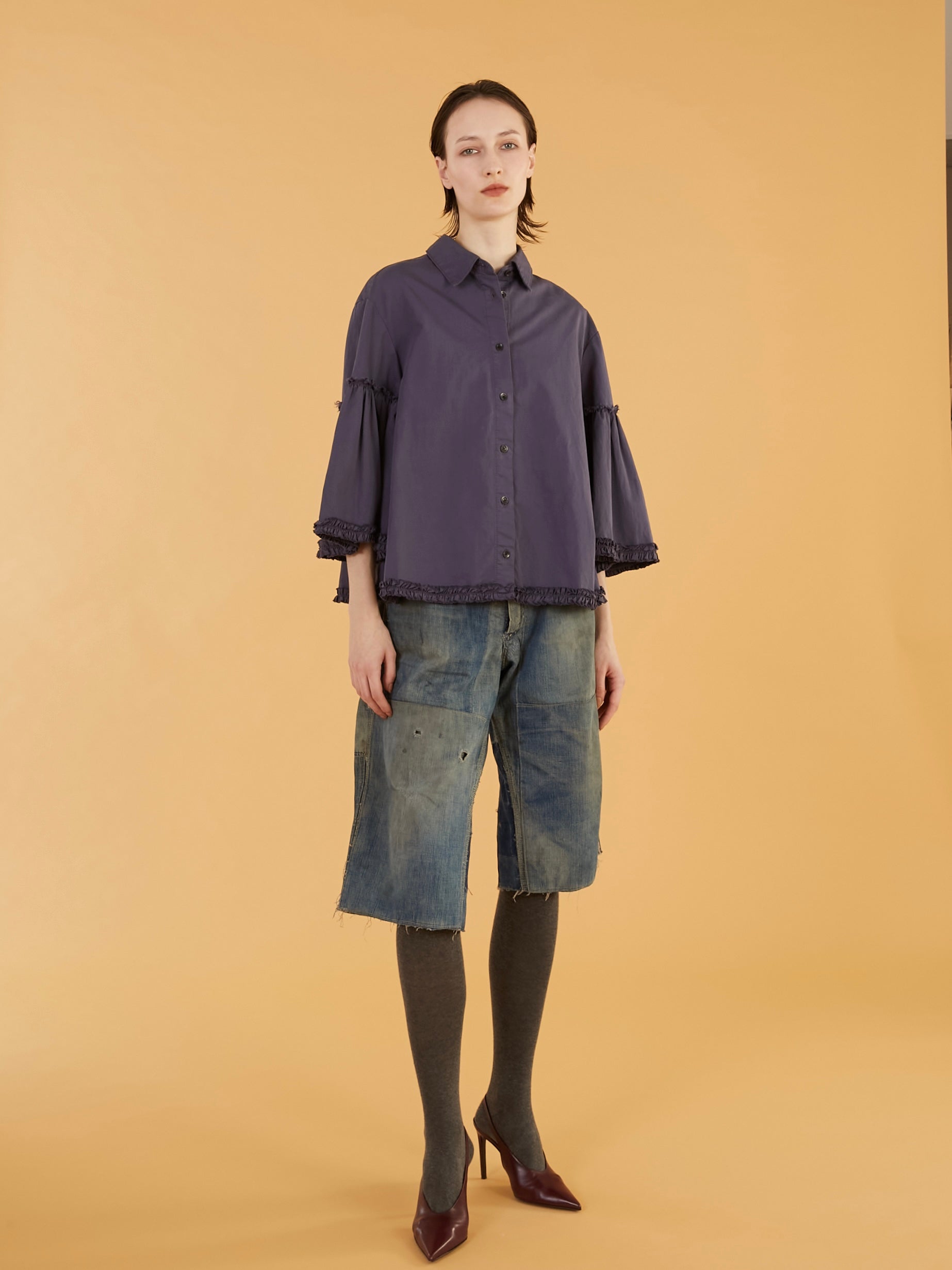 garment dye frill shirts｜NAVY