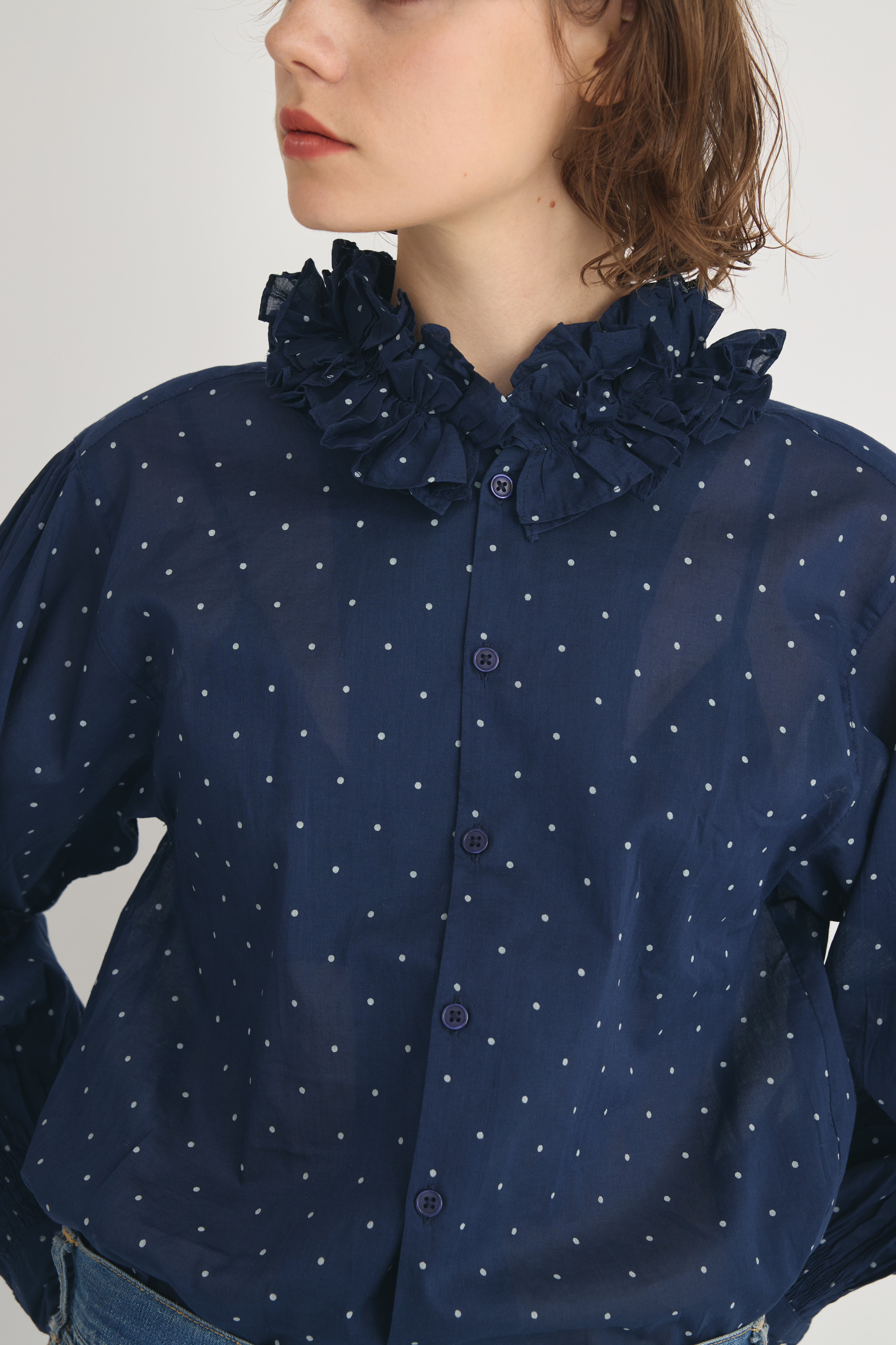 cotton frill collar dot shirts│NAVY