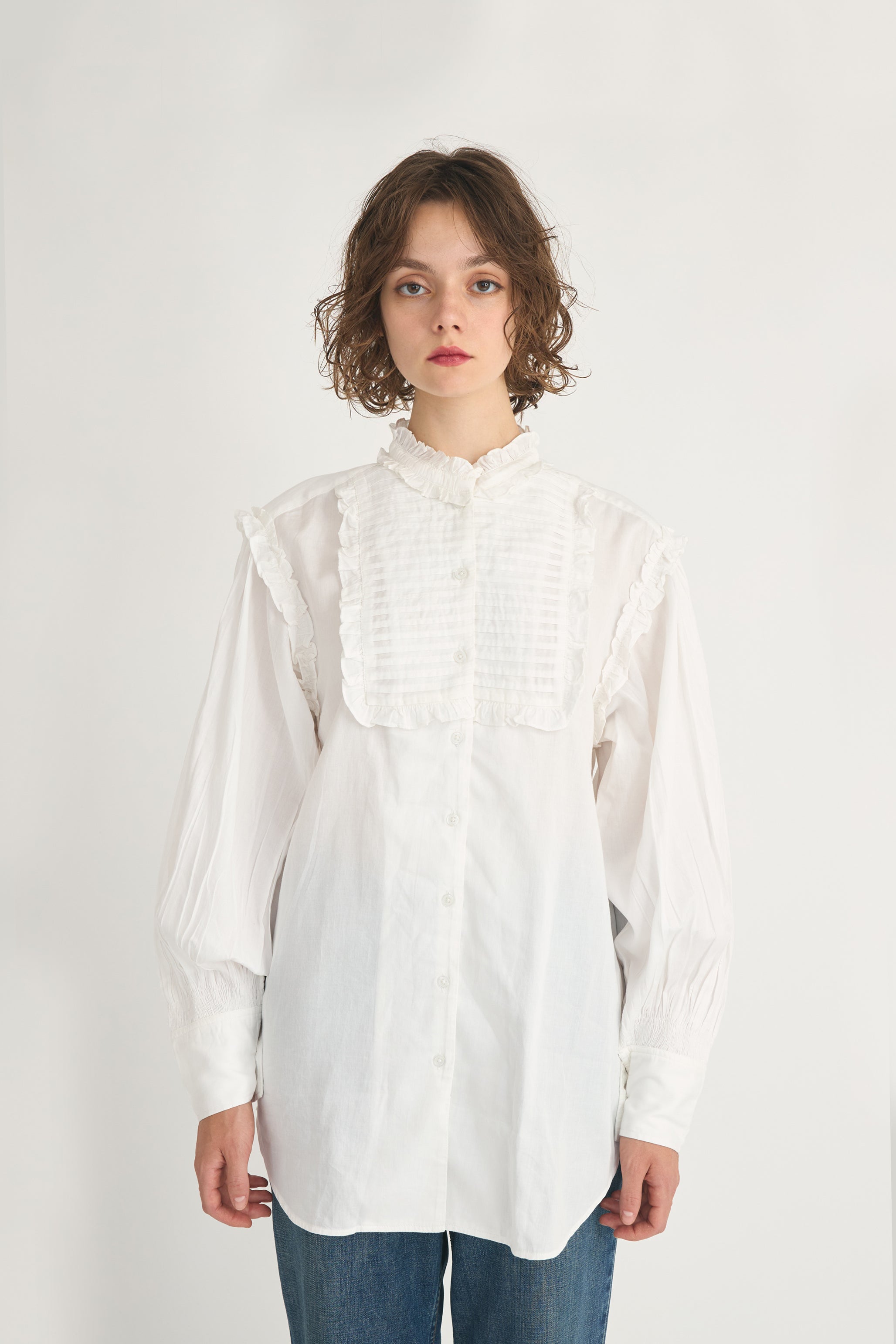 pintuck frill blouse│WHITE