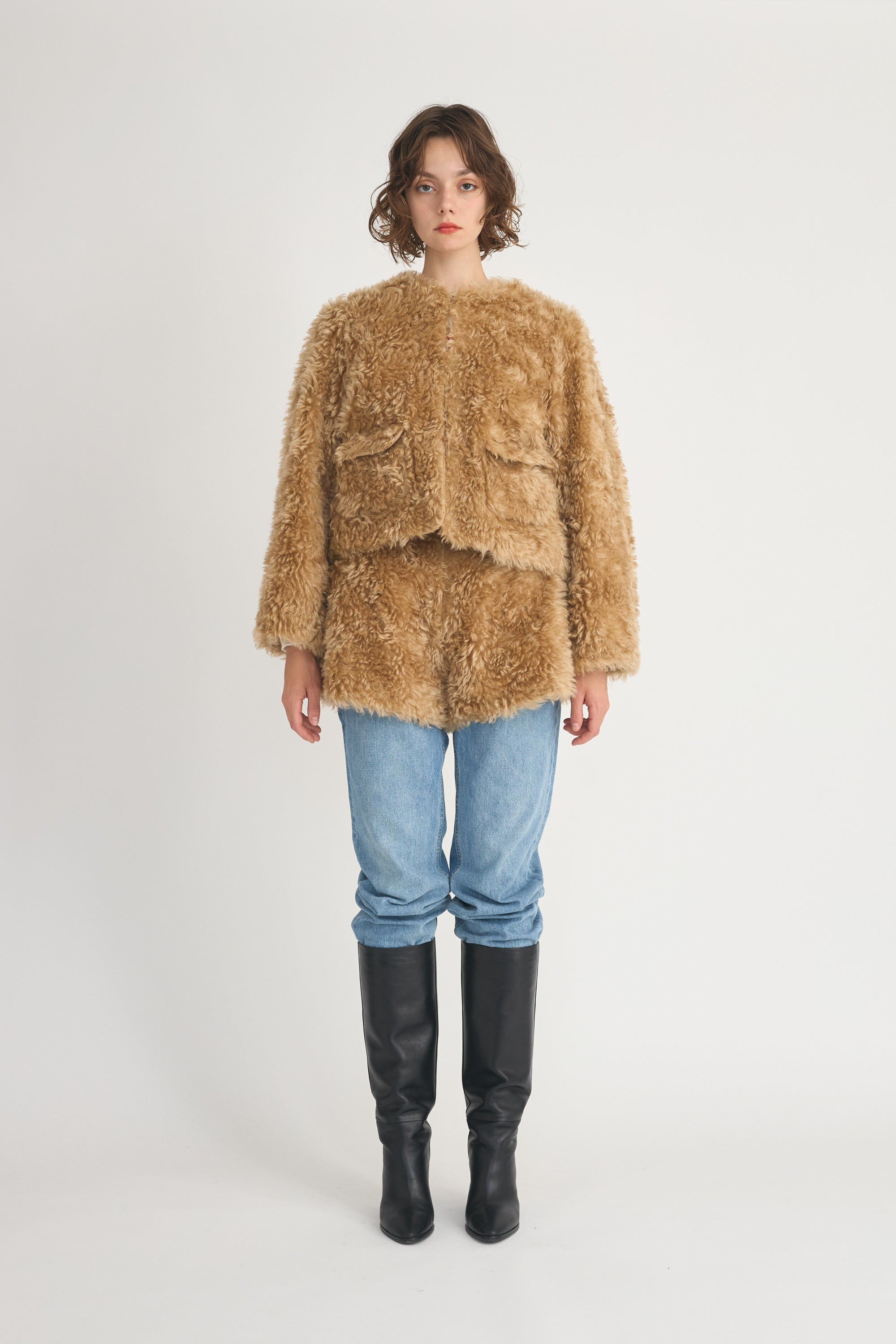 teddy fur short jaket│CAMEL