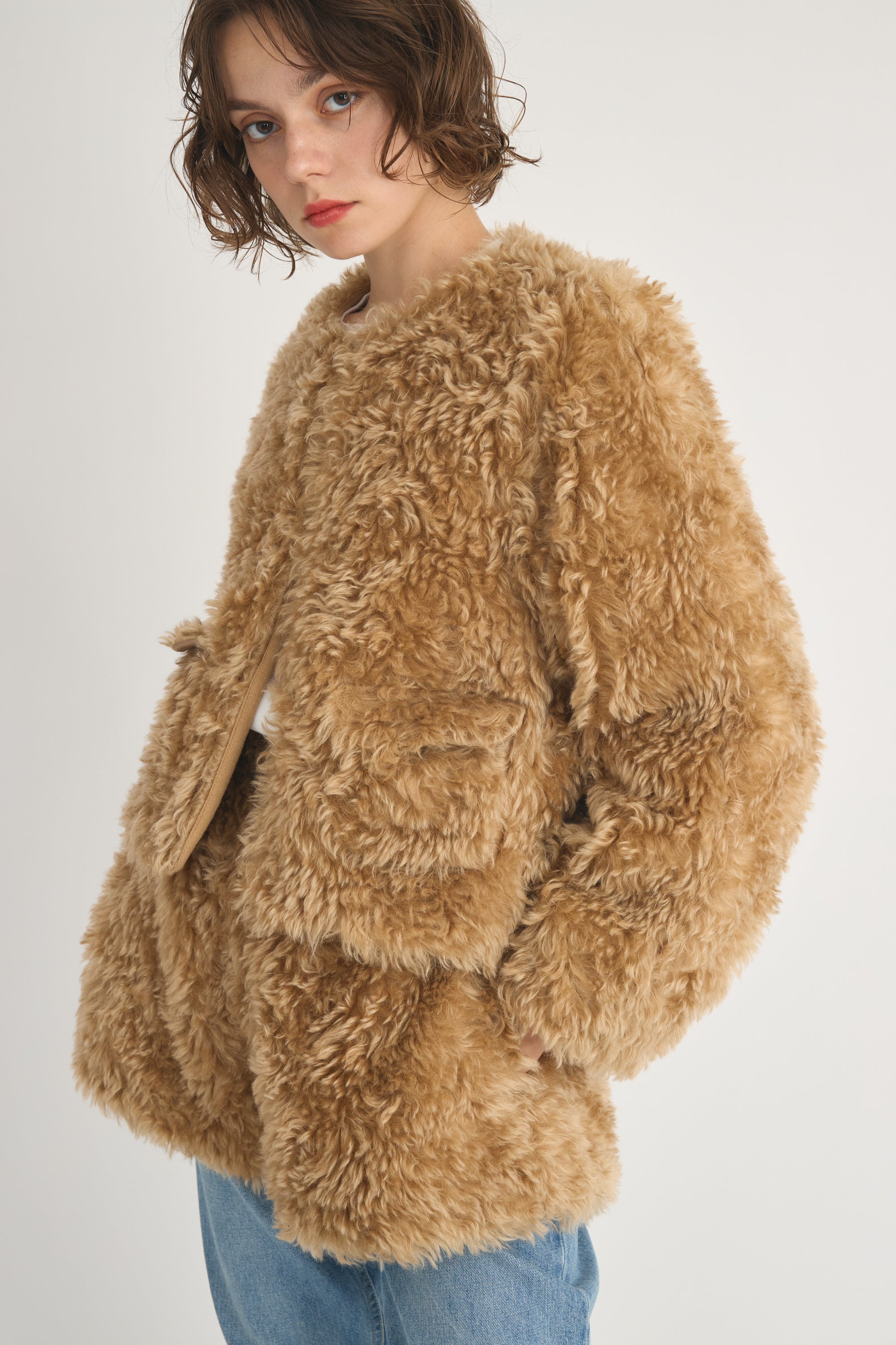 teddy fur short jaket│CAMEL