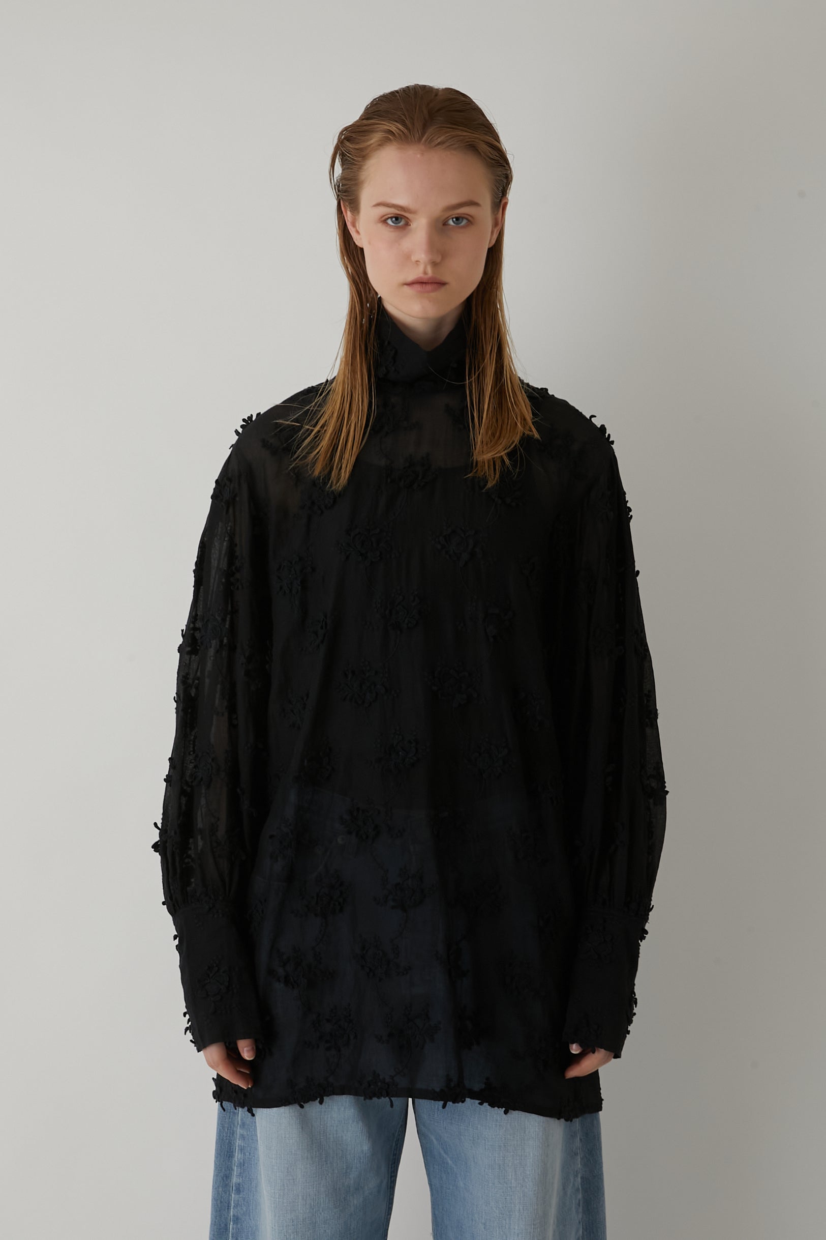 【SECRET SALE】3D embroidery long blouse │ BLACK
