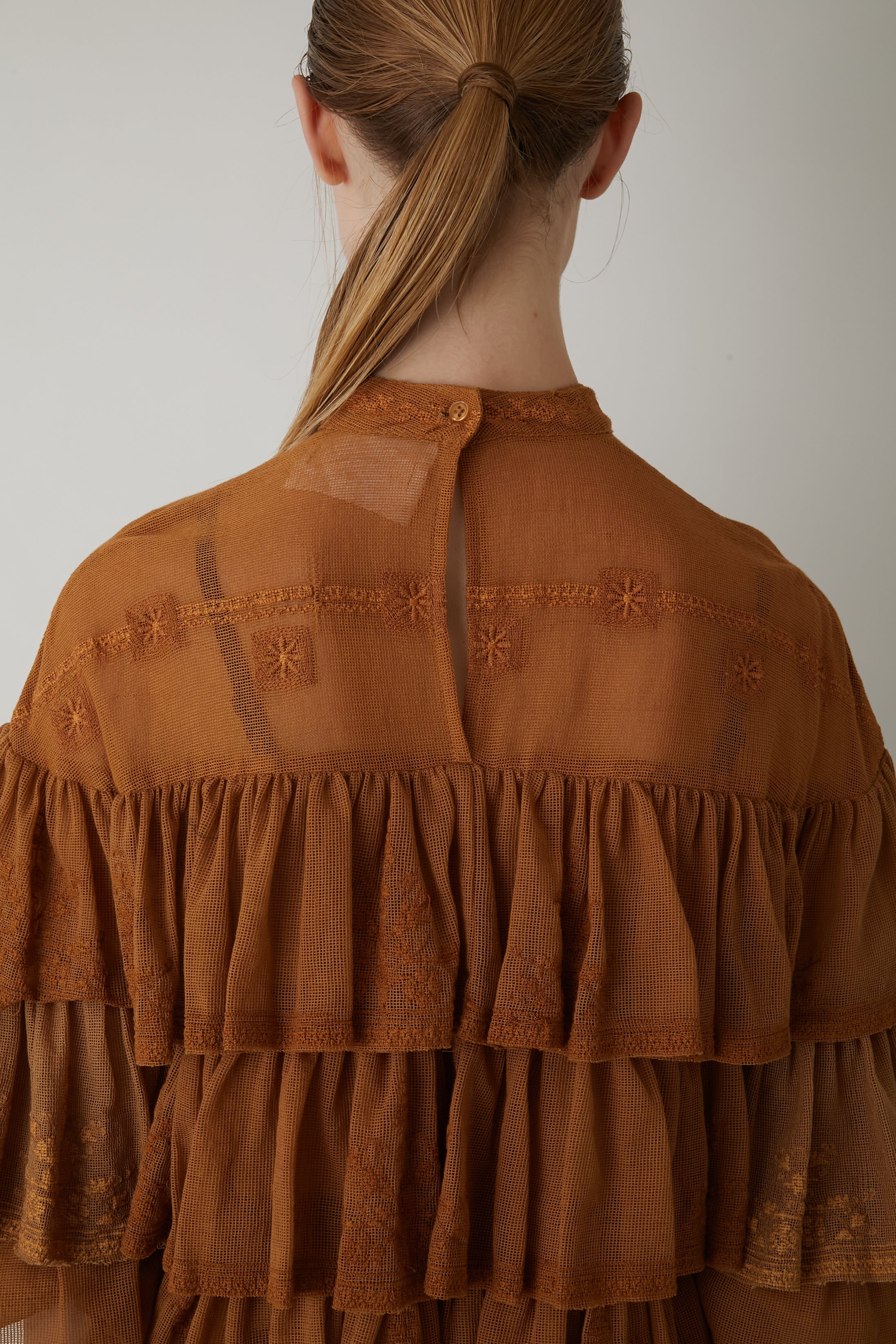 tulle teared embroidery blouse │ BARLEY CAMEL