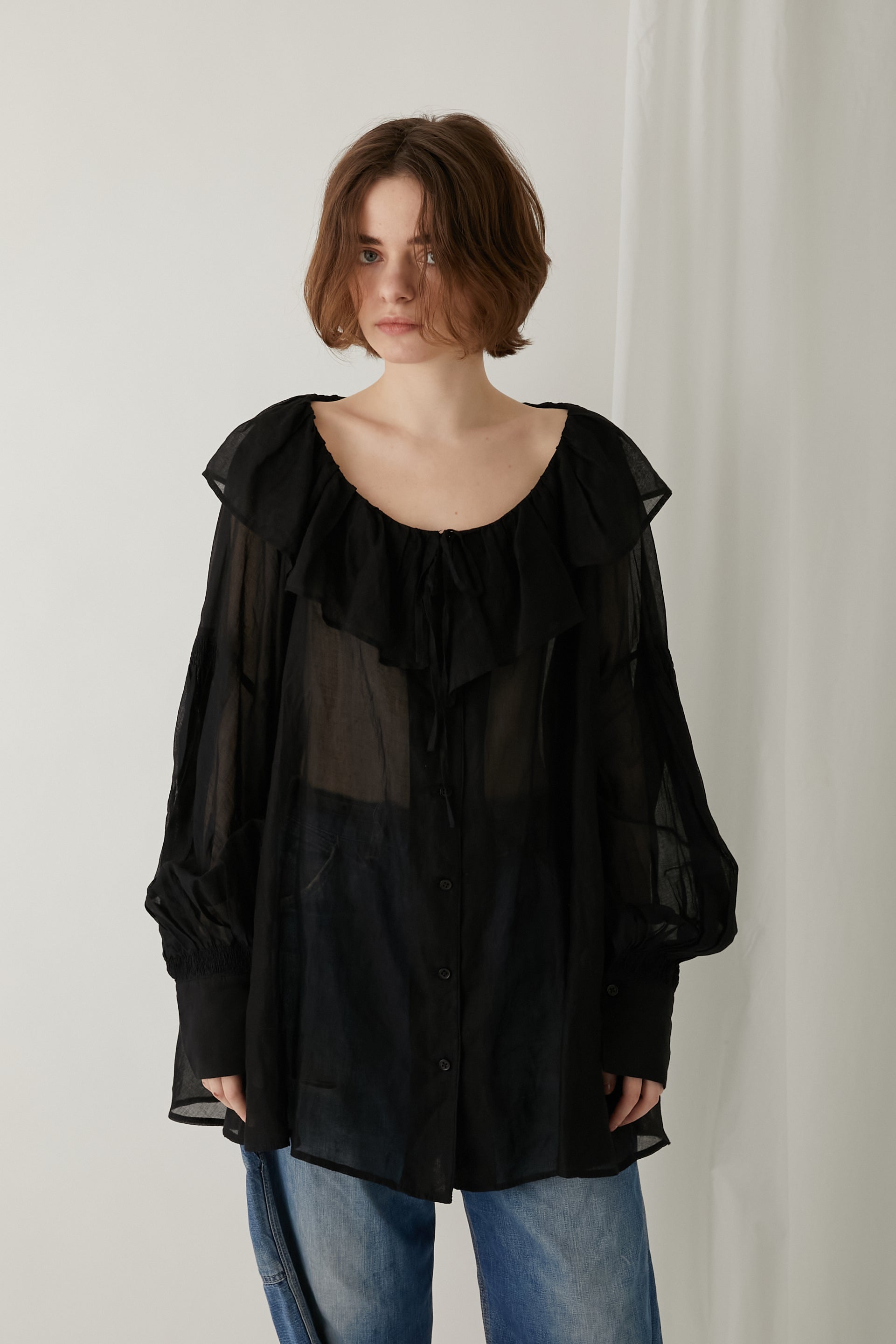 sheer cotton flare blouse │ BLACK