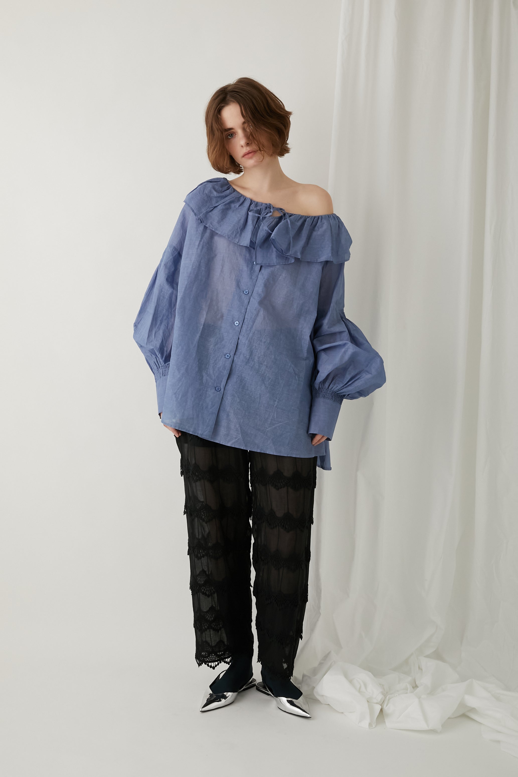 sheer cotton flare blouse │ BLUE