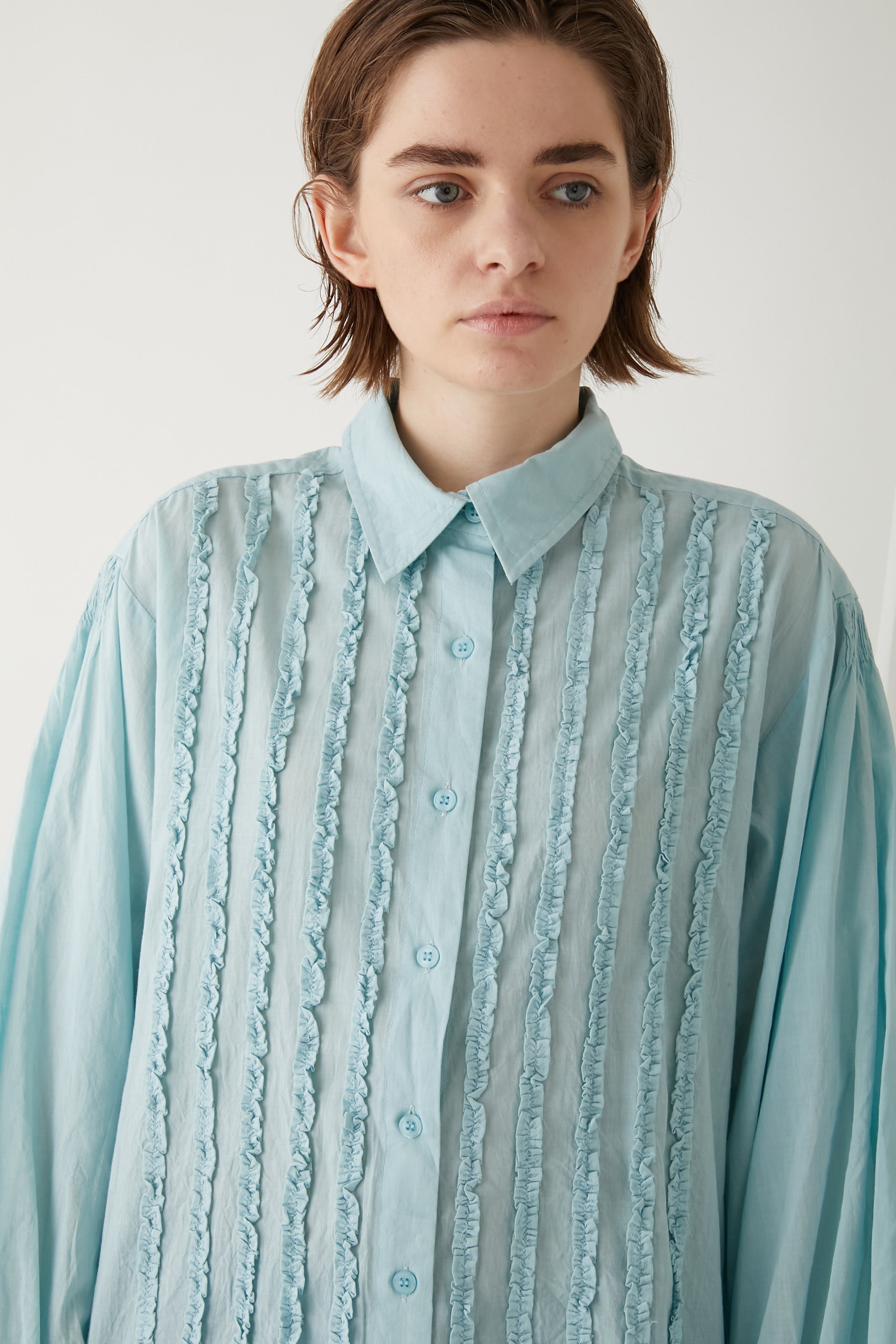 tuck frill long shirts │ BLUE